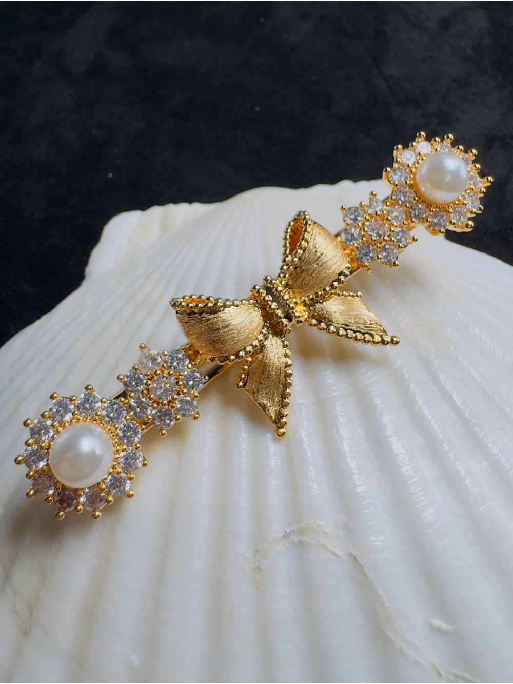 Gold Bow Pearl & Crystal Hair Clip - Women Accessories